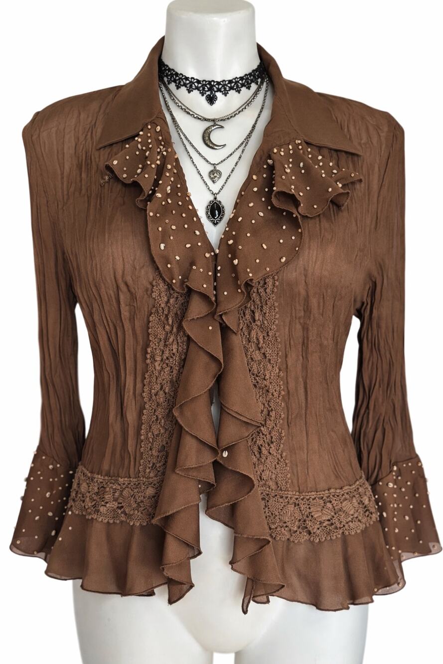 Vintage Sheer Crinkle Ruffle Top Size LP Embellished Fairycore Dark Romantic